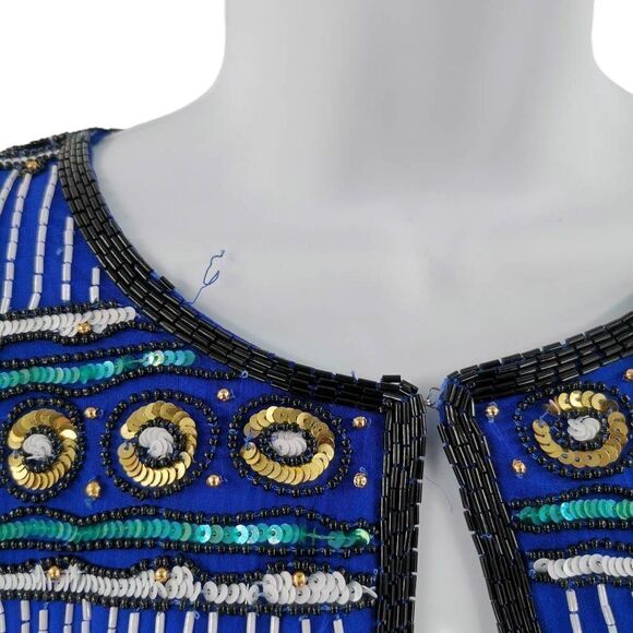 Vintage Blue Silk Beaded Jacket with Geometric Pattern | Niteline by Della Roufo - Picture 3 of 6